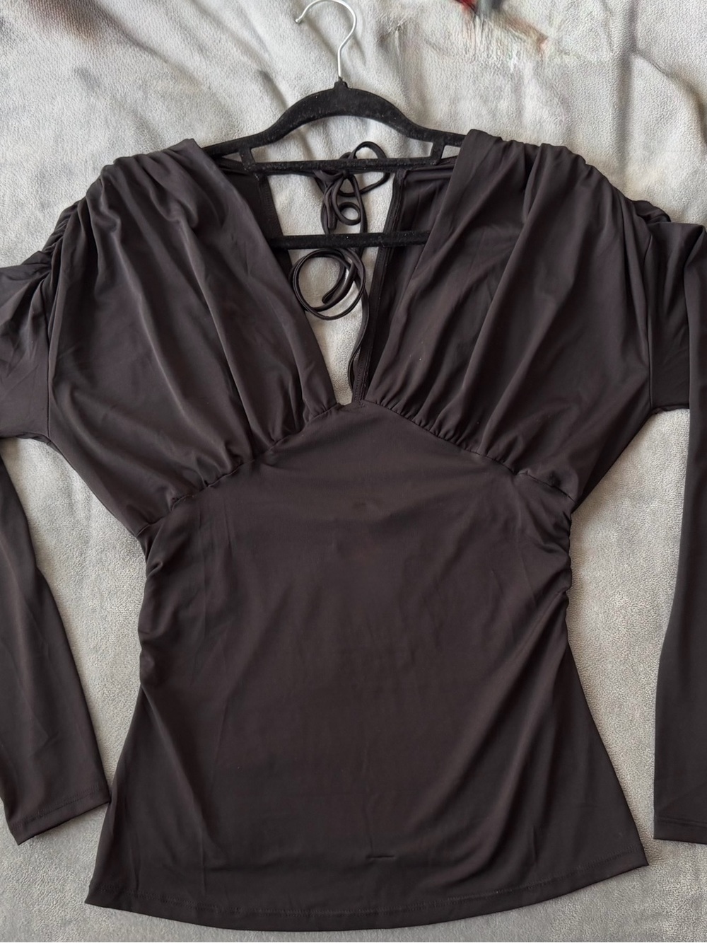 Urban Outfitters Black V-Neck Long Sleeve Blouse with Back Tie Detail